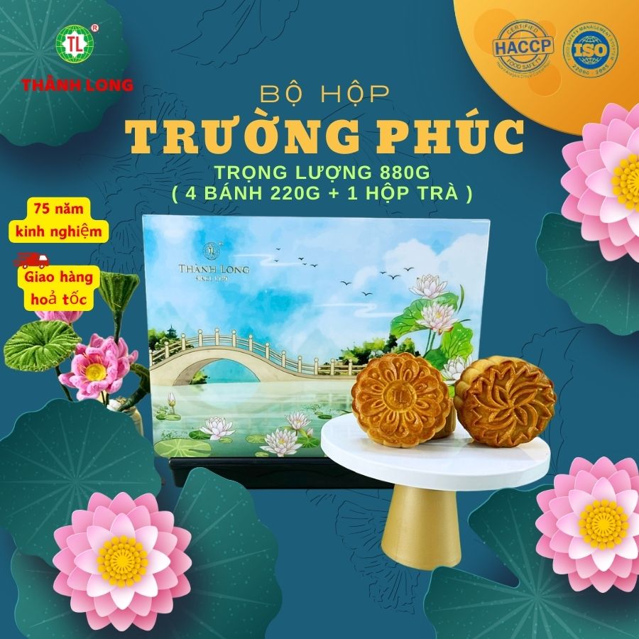 Hộp Bánh Trung Thu cao cấp tráng gương 4 Bánh 2 trứng 220g - Trường Phúc (880g)-Thành Long - Việt Na