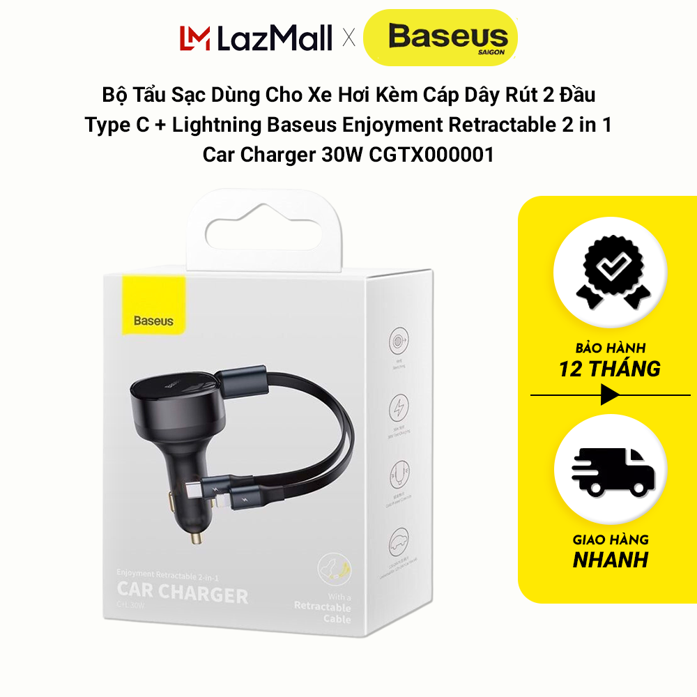 Bộ Tẩu Sạc Baseus Enjoyment Retractable 2 in 1 Car Charger 30W CGTX000001 Kèm Cáp Dây Rút 2 Đầu Type