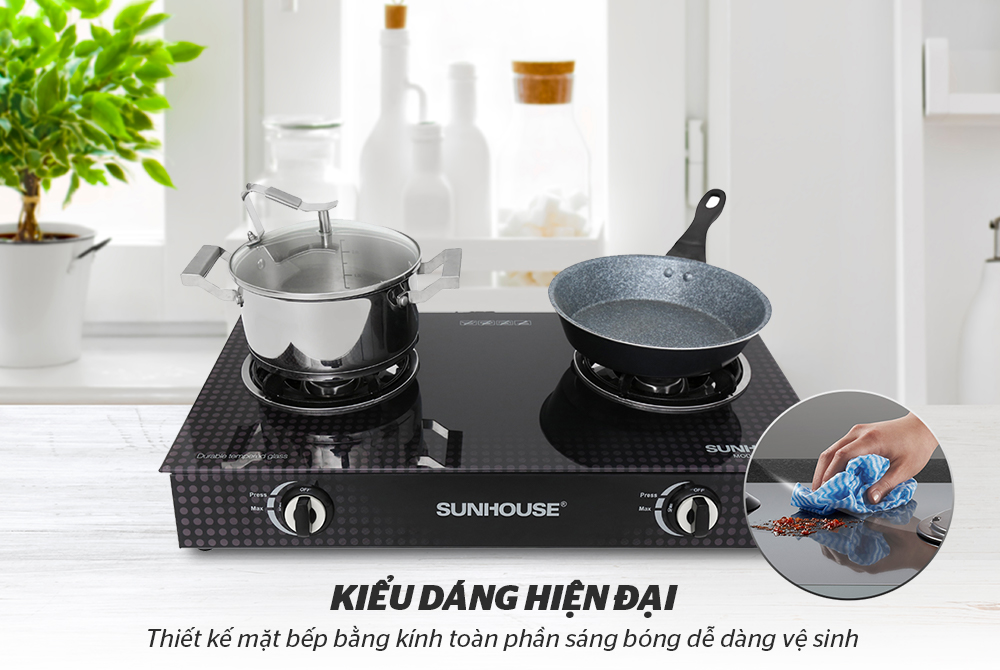 Bếp gas đôi Sunhouse SHB3366MT - Kính chịu nhiệt, màu đen, kích thước 690x410x145mm