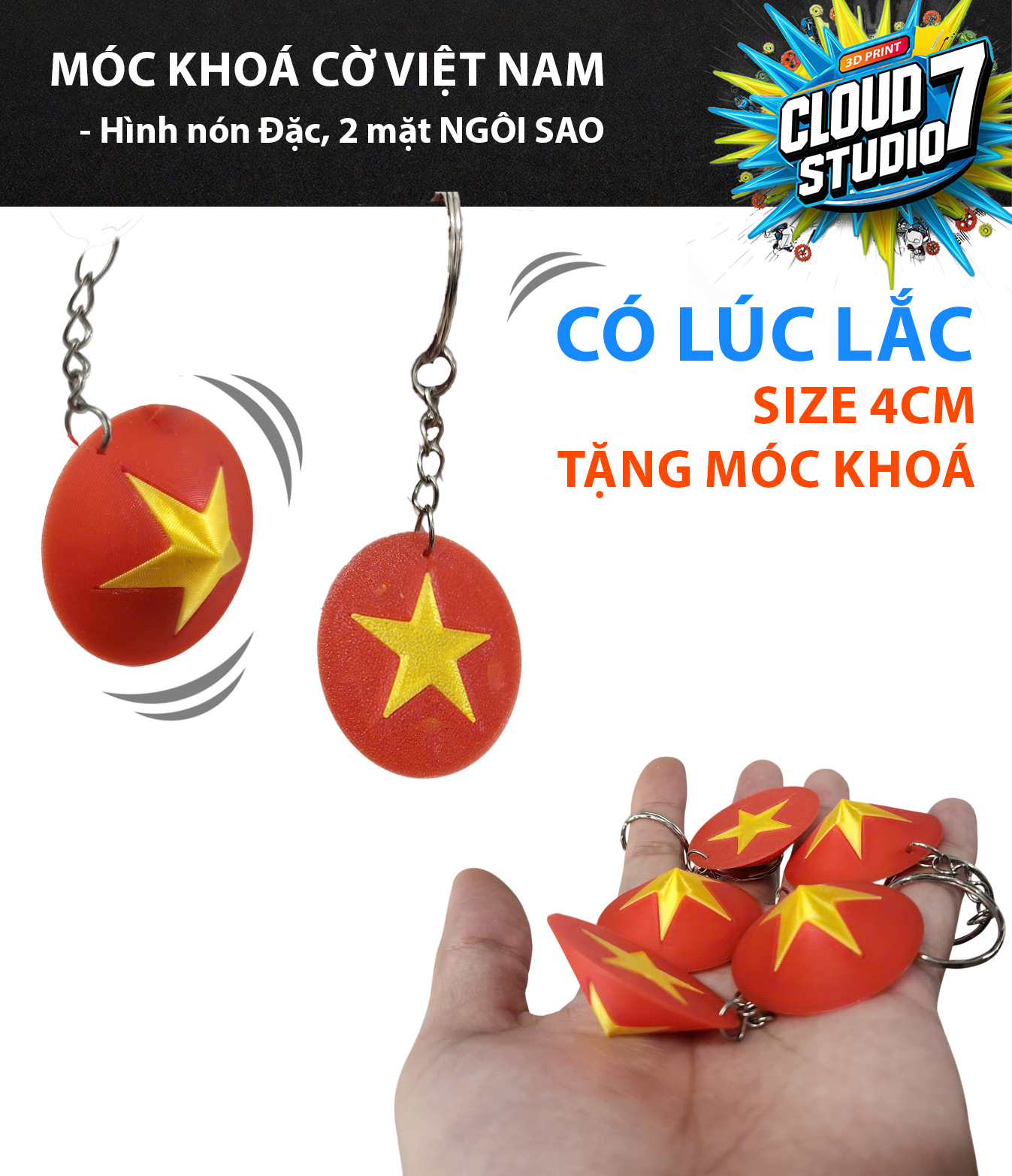 Móc Khoá Cờ Việt Nam In 3D – Hình Nón Ngôi Sao Vàng 2 MẶT Size 4cm Có lúc lắc bi sắt