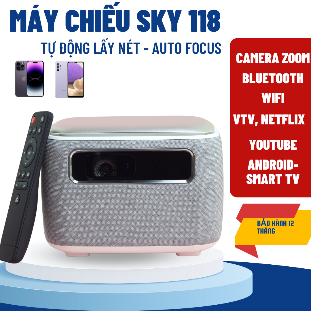 Máy Chiếu Mini KAW-SKY118 Máy Chiếu Cao Cấp Độ Sáng Cao Dung Lương Pin Khủng Độ Phân Dải 4K Auto Foc