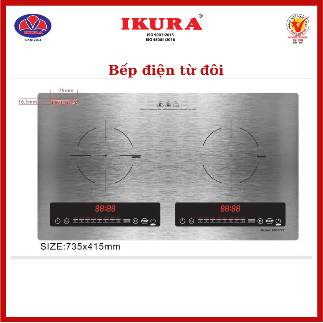 Bếp đôi điện từ IKURA EIV-0723 - Bảng điểu chỉnh cảm ứng - Khoá phím trẻ em
