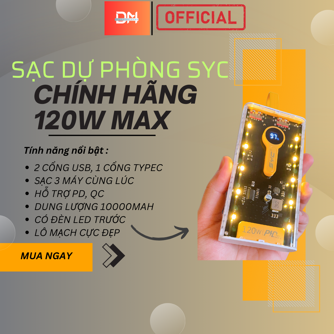 Sạc Dự Phòng Lộ Mạch 10000mAh 120W chính hãng SYC hỗ trợ sạc nhanh QC3.0 PD có màn hình hiển thị % p