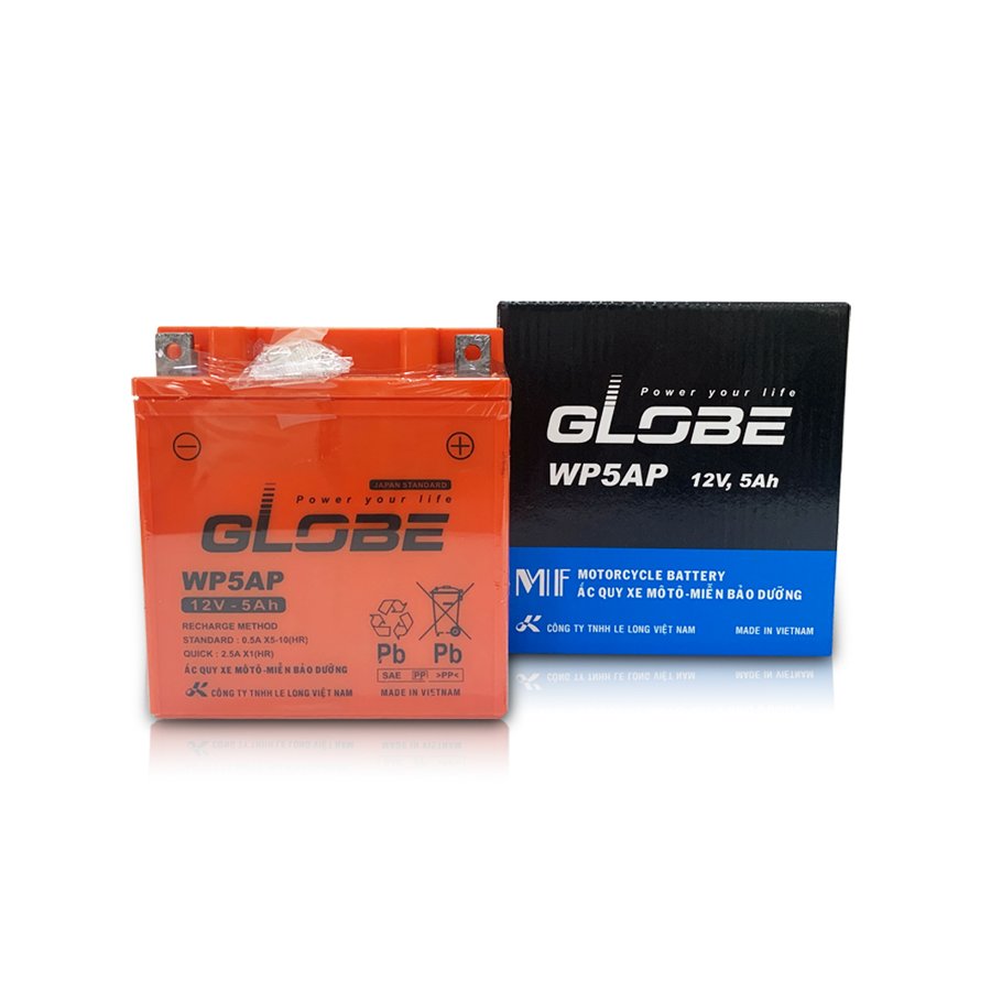 Ắc quy khô xe máy Globe WP5AP 12V-5AH Dream Wave anpha Future Sirius Jupiter Taurus Revo Viva Angel
