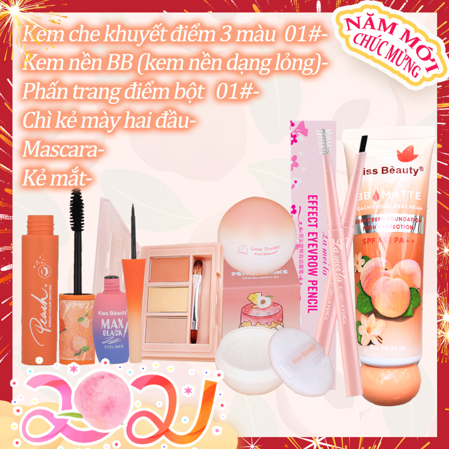 【Kiss Belle Shop】Bộ trang điểm mắt cá nhân KISS BEAUTY-6 món (Kem BB + Kem che khuyết điểm 3 màu + Phấn Phủ trang điểm bột+Chì kẻ mày + Kẻ mắt + Mascara)