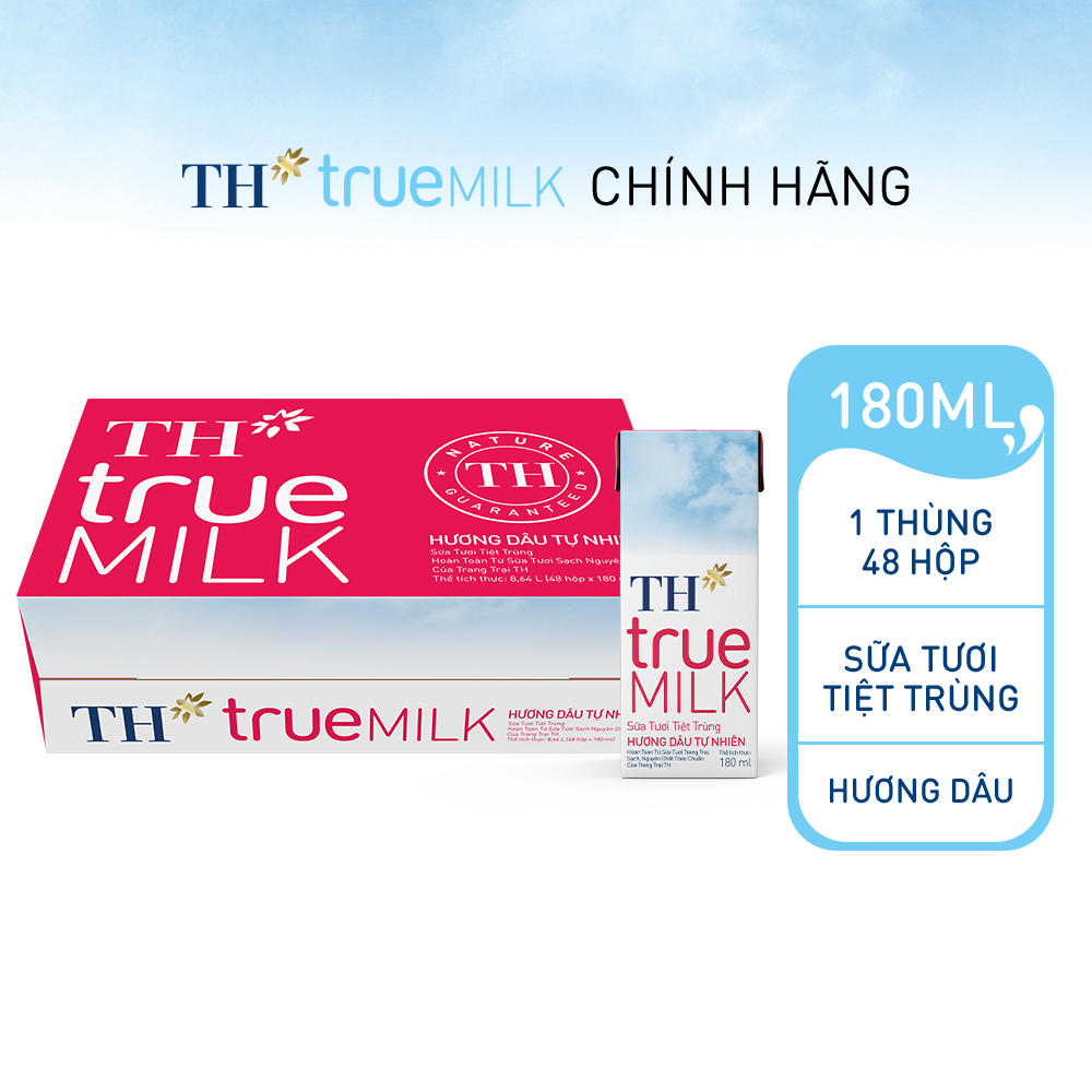 Thùng 48 hộp sữa tươi tiệt trùng TH true MILK hương dâu tự nhiên 180 ml (180 ml x 48)