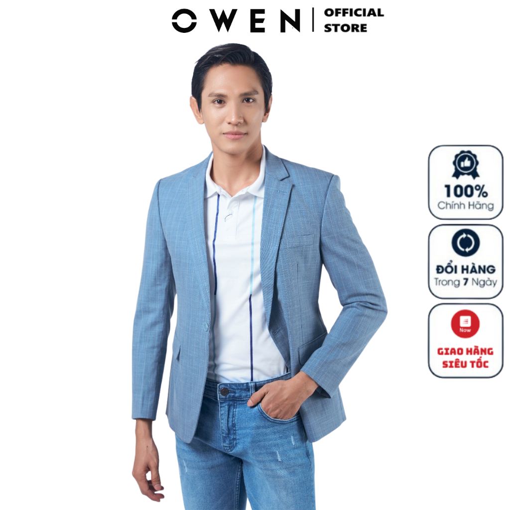 Áo khoác blazer nam demi Owen BL220693 màu kẻ sọc ghi xanh vest rời vải polyester cao cấp dáng regul