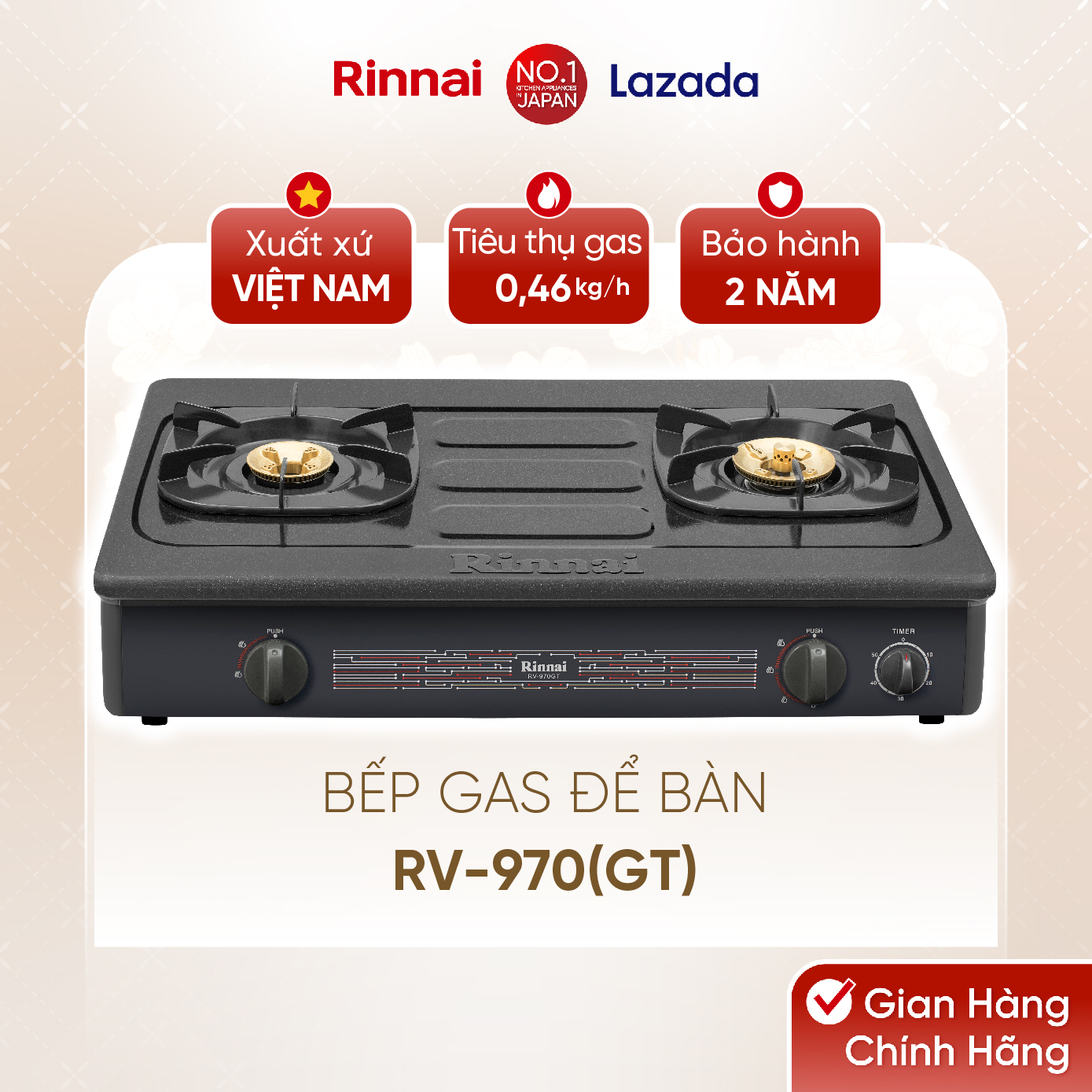 Bếp gas dương Rinnai RV-970(GL) mặt bếp kính và kiềng bếp men - Hàng chính hãng.