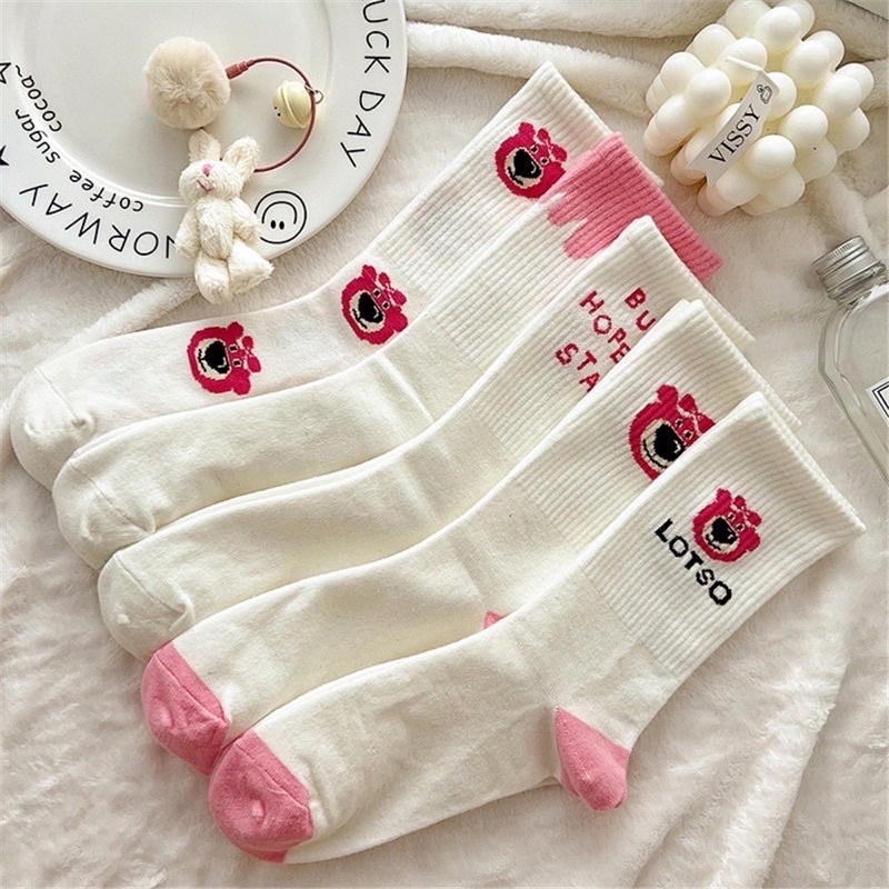 Set 10 Đôi Tất Gấu Hồng Lotso Cổ Cao  Vớ Dài Nữ Họa Tiết Gấu Dâu dễ thương thấm hút giá siêu rẻ mềm