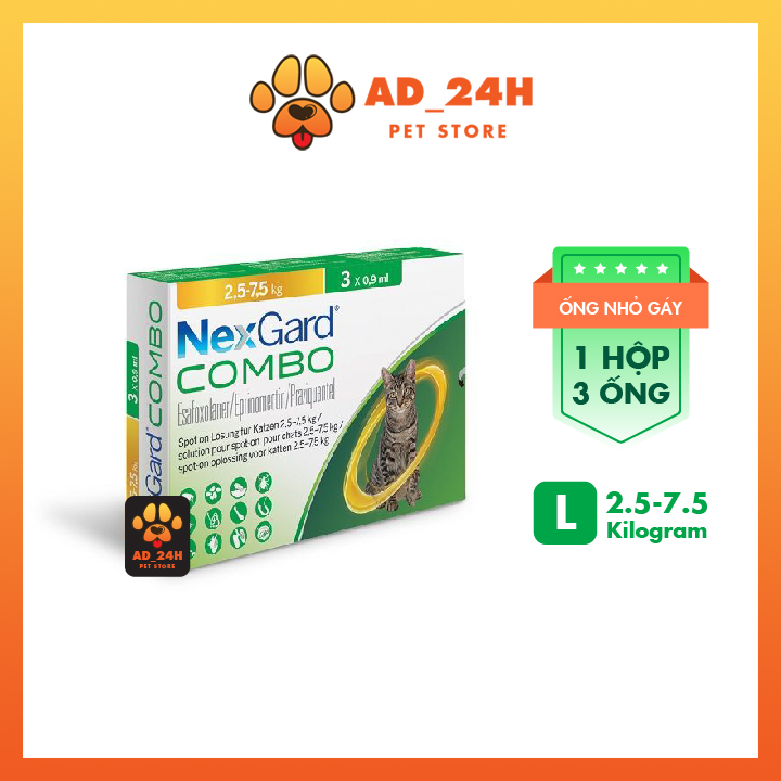 NEXGARD COMBO - Ống nhỏ gáy phòng & trị nội ngoại kí sinh dành cho mèo size M (2.5 kg đến 7.5 kg)