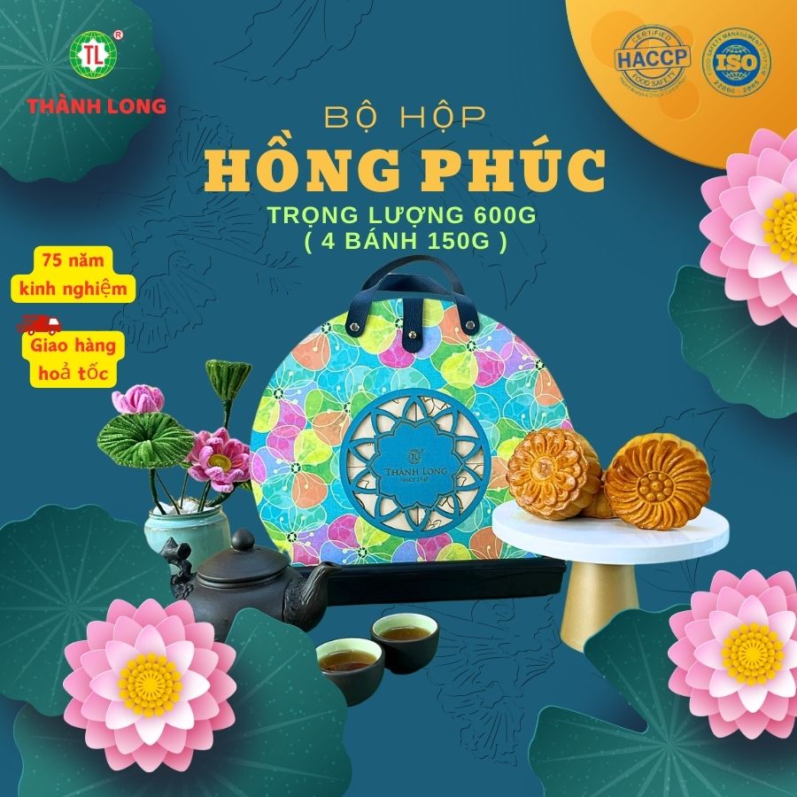 Hộp Bánh Trung Thu Hồng Phúc 4 Bánh 1 trứng 150g - Thành Long (600g) thiết kế mới hộp xách tay