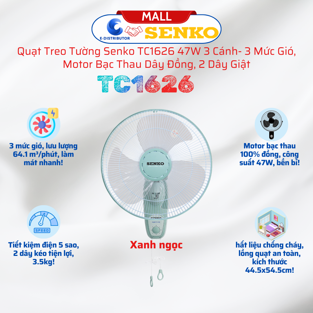 Quạt Treo Tường 3 Cánh 2 Dây Giựt Senko TC1626 - Công Suất 47w - Hàng Chính Hãng - Bảo Hành 24 Tháng