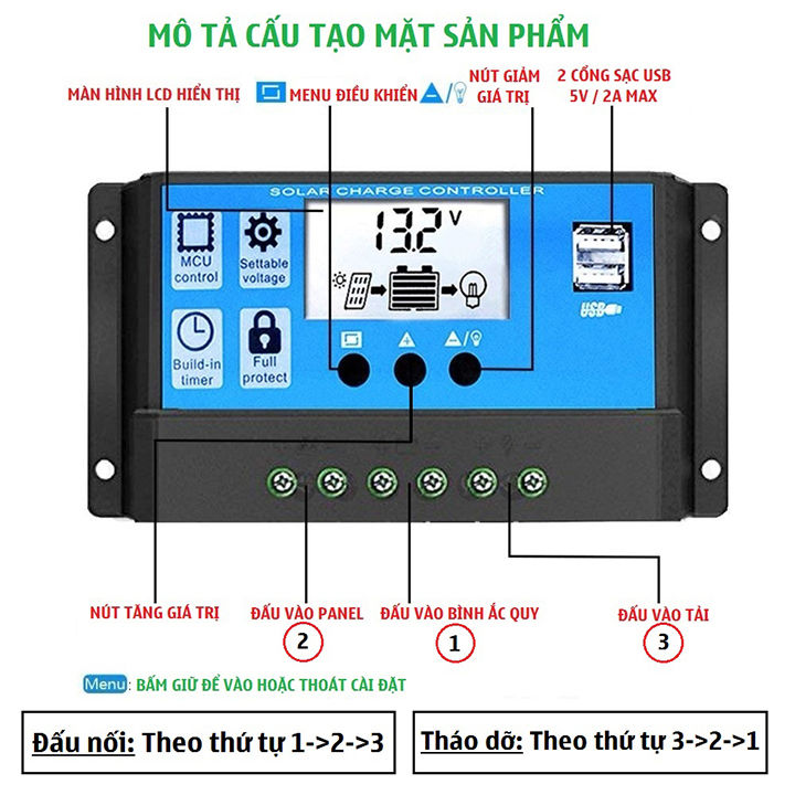 Bộ Điều Khiển Sạc Pin Năng Lượng Mặt Trời PWM 30A Tự Điều Chỉnh hệ acquy 12V/24V