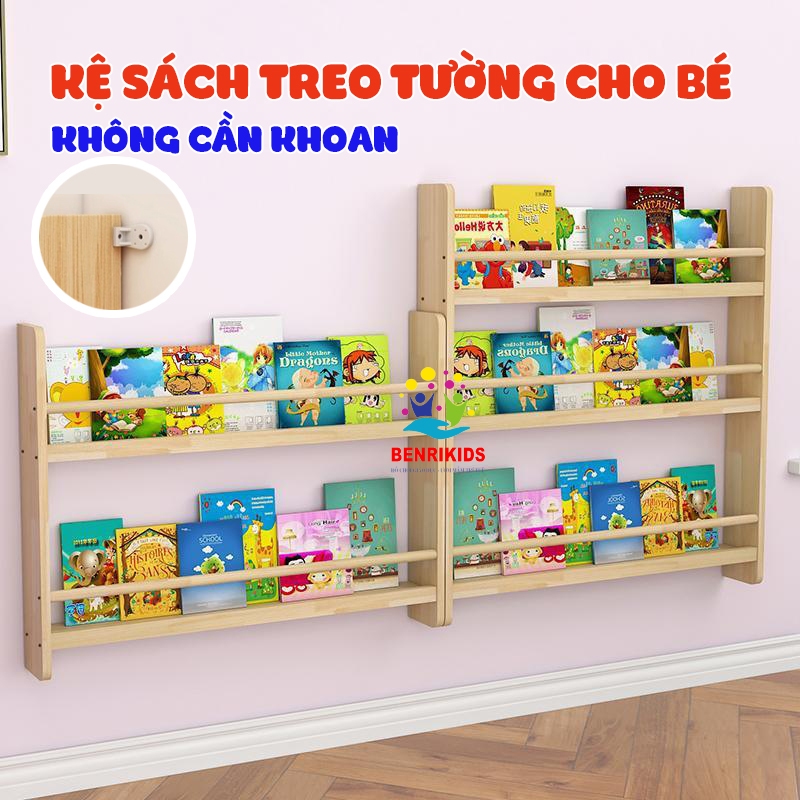 Kệ Sách Treo Tường Cho Bé Không Cần Khoan Giá Sách Montessroi Kệ Mầm Non Gỗ Thông Nhập Khẩu