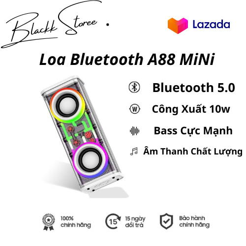 Loa Bluetooth Mini A88 Bass Mạnh Nghe Nhạc Cực Chill  Có Đèn Led &amp; Khe Cắm Thẻ Nhớ Bluetooth 5.0  Công Xuất 10w Kết Nối 2 Loa Cùng Lúc TWS