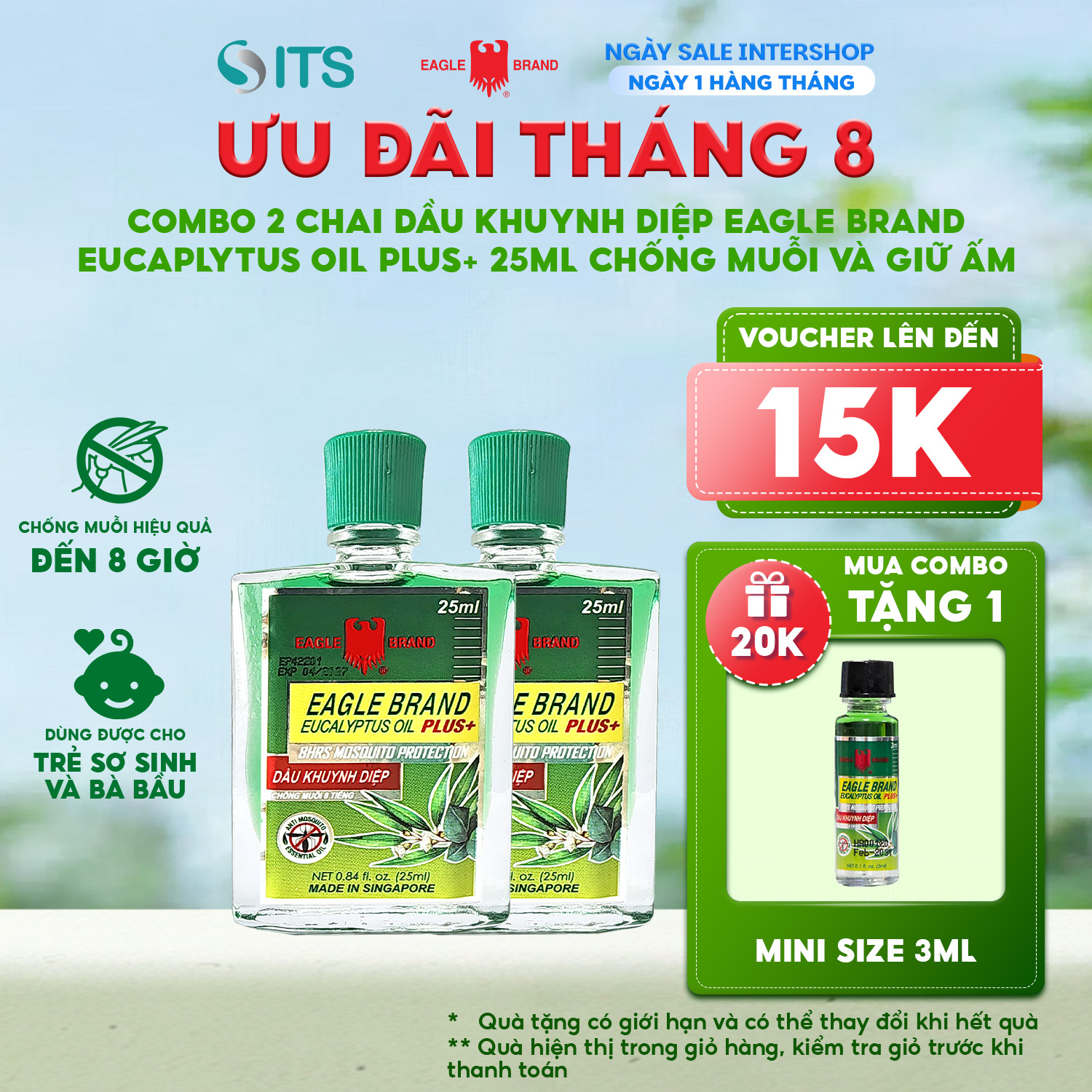 Combo 2 chai Dầu Khuynh Diệp Eagle Brand Eucalyptus Oil Plus+ 25ml chống muỗi và giữ ấm cho bé