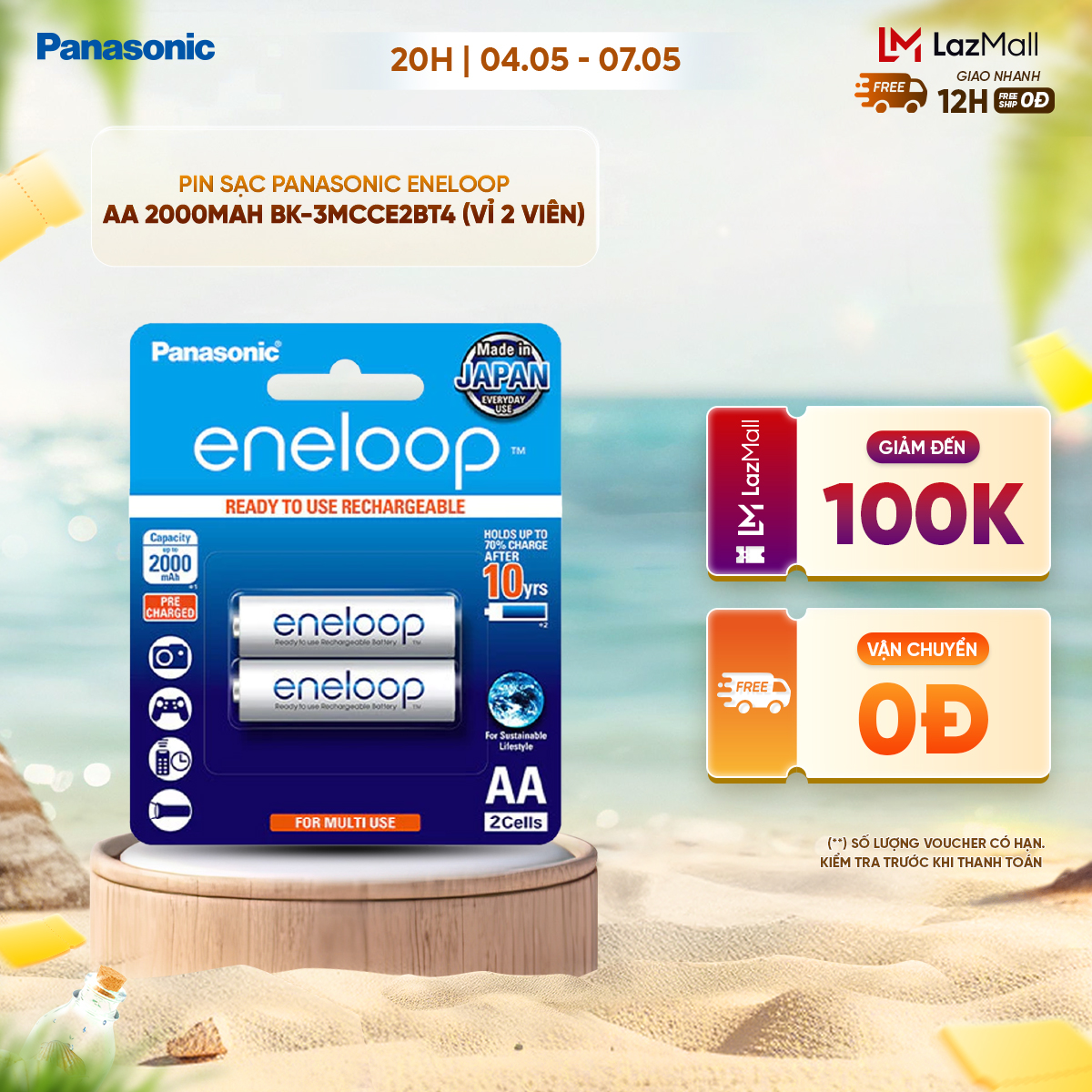 Pin sạc Panasonic eneloop AA 2000mAh BK-3MCCE2BT4 (Vỉ 2 viên) - Hàng chính hãng