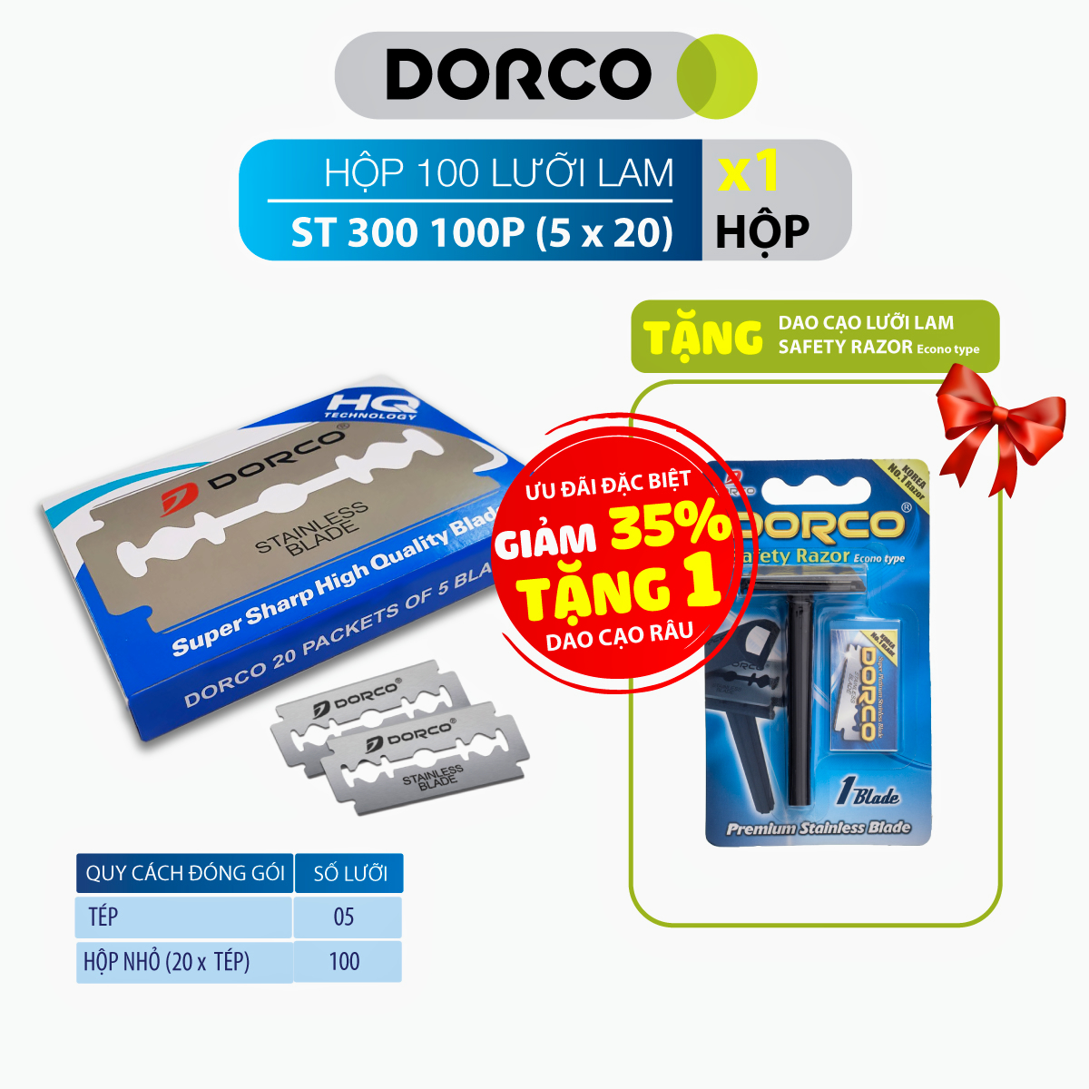 Hộp 100 Lưỡi Lam Dorco St 300 (5 X 20) Tặng 1 Dao Cạo Lưỡi Lam Dorco Safety Econo Type