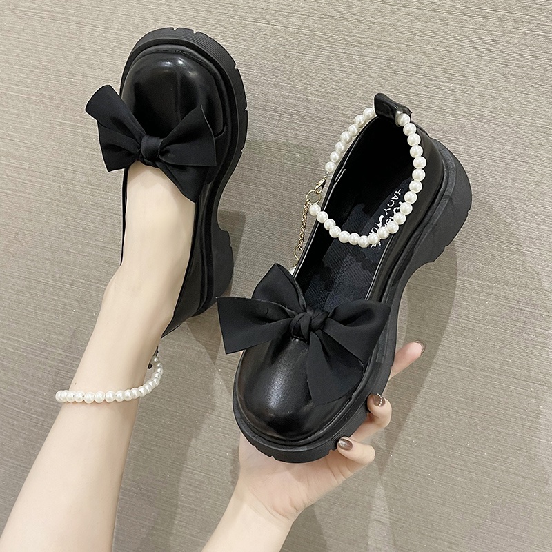 [Hoàn Tiền 15%]Giày Lolita Nữ Thắt Nơ Quai Ngọc  Giày búp bê nữ mũi tròn đế cao 5p phong cách hàn qu
