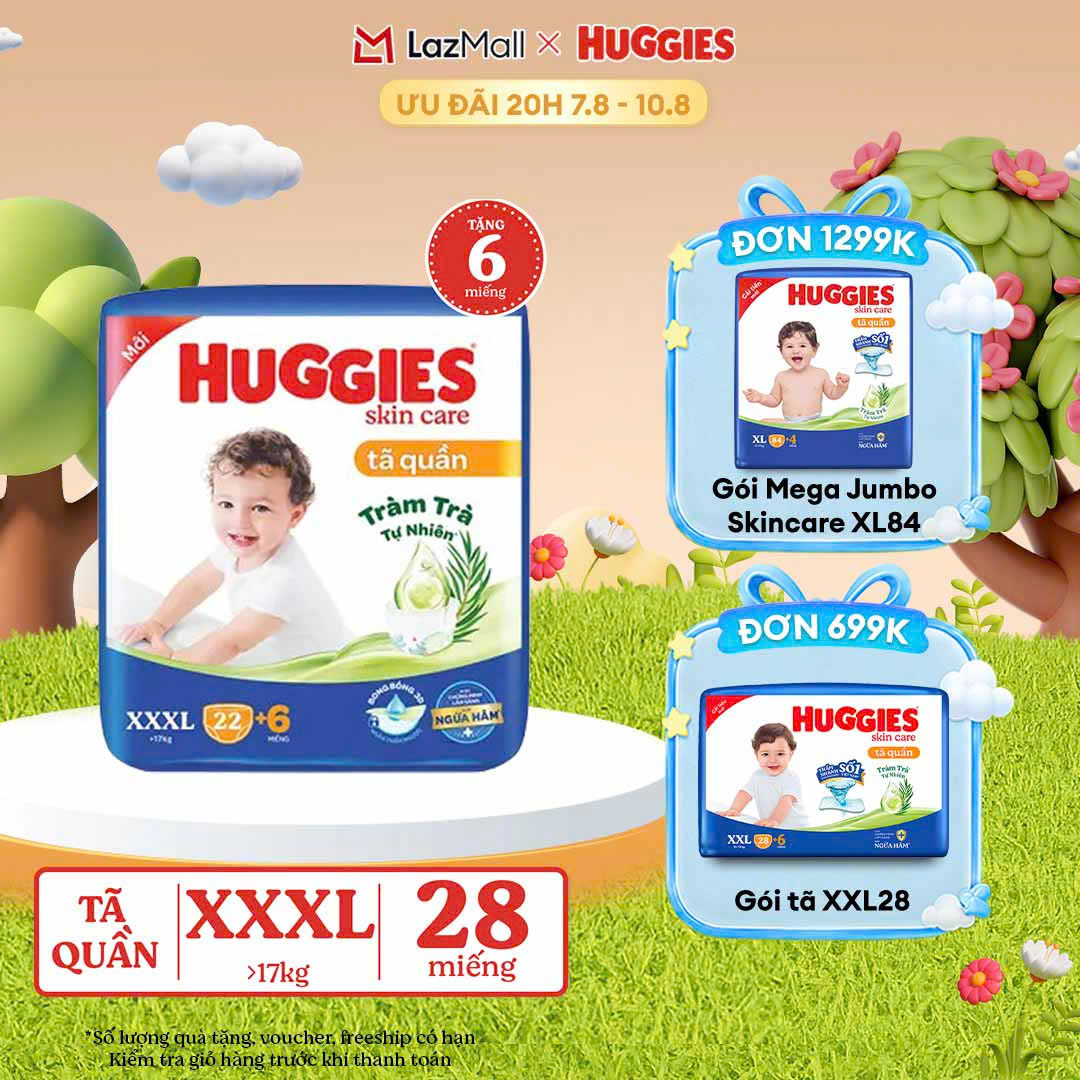 [20h 7-10.8 GIẢM THÊM 90K] [Tặng 6 miếng] Tã/bỉm quần Huggies Skin Care Super Jumbo XXXL22+6 miếng với tràm trà dịu da