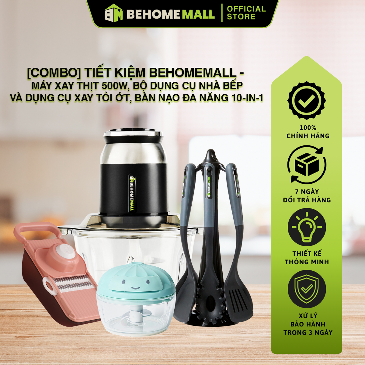 Combo Tiết Kiệm BehomeMall - Máy Xay Thịt 500W Bộ Dụng Cụ Nhà Bếp và Dụng Cụ Xay Tỏi Ớt Bàn Nạo Đa Năng 10-in-1