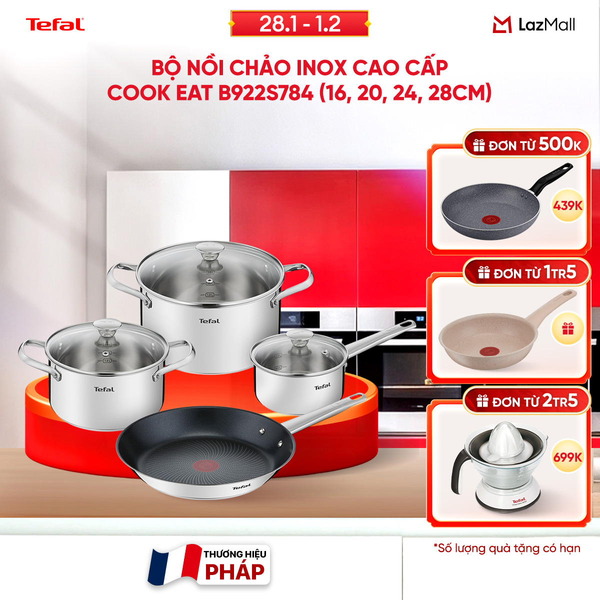 [SIÊU SALE TẾT 15.1 - 10.2] Bộ nồi chảo Inox 18/10  chống dính cao cấp Cook Eat B922S784 