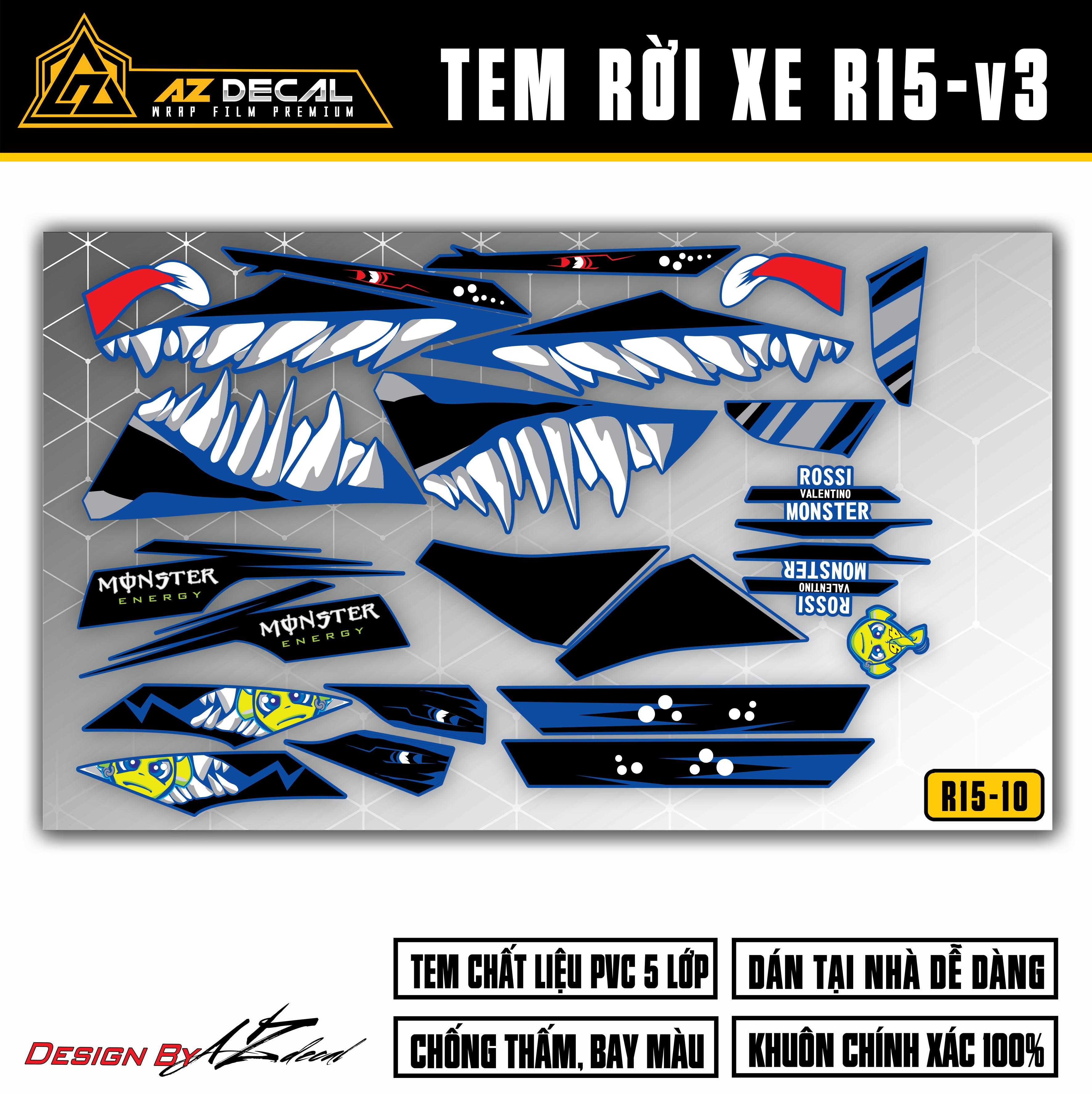 Tem Xe R15V3 Đẹp Mẫu Cá Mập Rossi | R15V310 | Decal Rời Dán Xe R15V3 Màu Đen Đỏ Vàng Xám Xanh - Azdecal