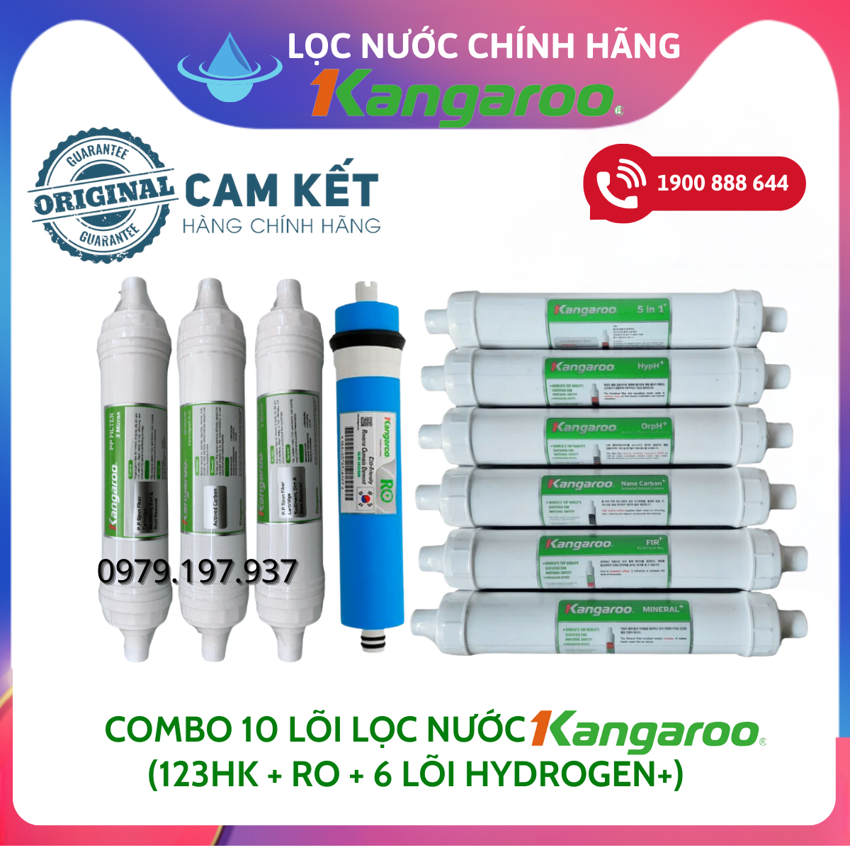 Combo 10 Lõi Lọc Nước Kangaroo Dòng Hydrogen (Model KG10A4 VTU...) (Combo gồm 123 HK + màng RO50GPD 