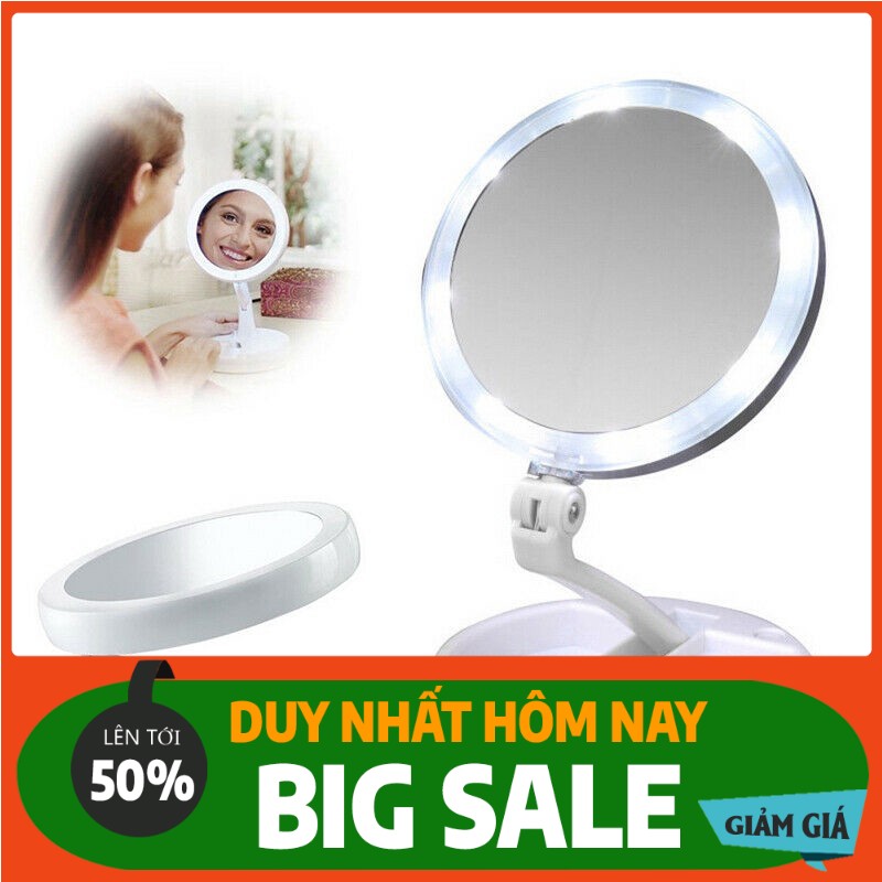 [Hàng Loại Xịn] Gương trang điểm để bàn phấn có đèn led sạc kính tròn makeup phóng đại lật 2 mặt xoay 360 độ mini gấp gọn