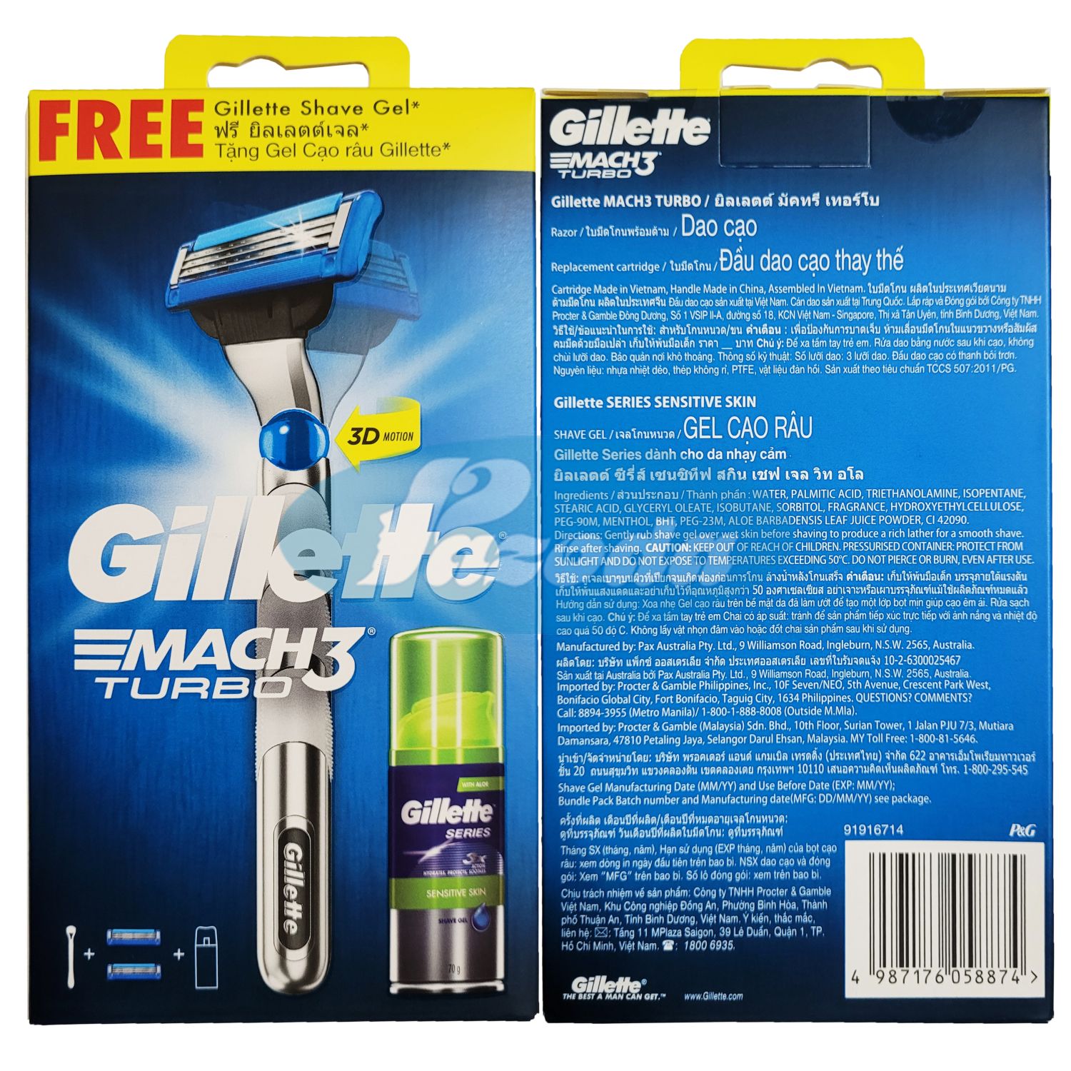 Dao Cạo Râu 3 Lưỡi Gillette Mach3 Turbo 3D (1 Tay Cầm Và 2 Đầu Cạo) Kèm Bọt Gillette 70G