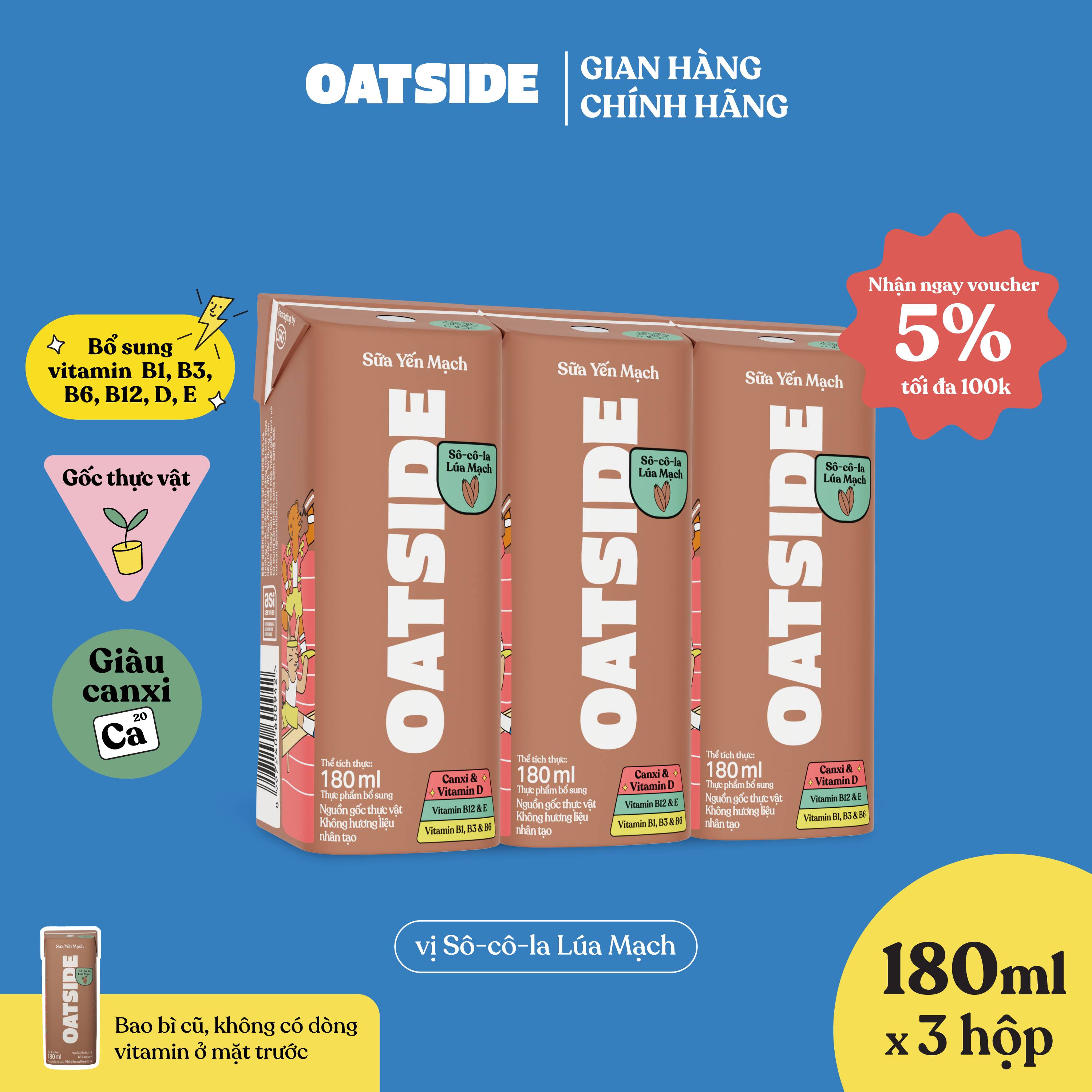 Sữa yến mạch OATSIDE vị Sô-cô-la lúa mạch lốc 180ml x 3 - Không lactose Thơm béo Đậm đà vị sô-cô-la lúa mạch