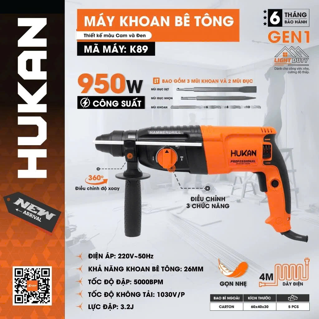 Máy Khoan Bê Tông Điện Cầm Tay HUKAN K90 3 Chức Năng, Công Suất 1020W