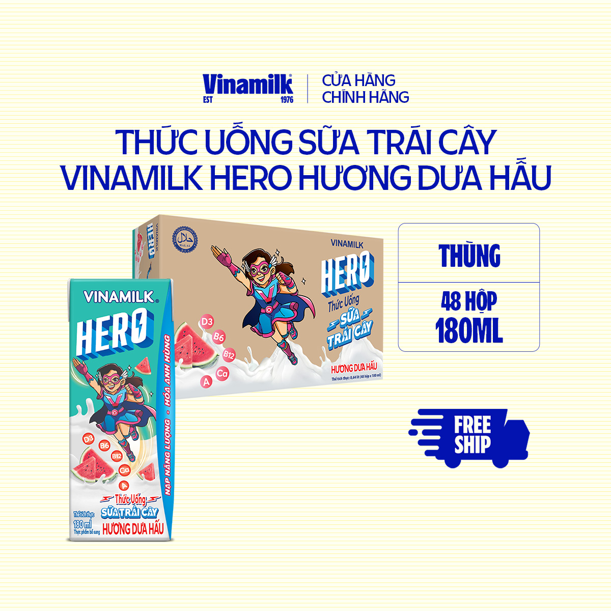 Thùng Thức uống sữa trái cây vị Dưa Hấu Vinamilk Hero 180ml - 48 hộp/Thùng