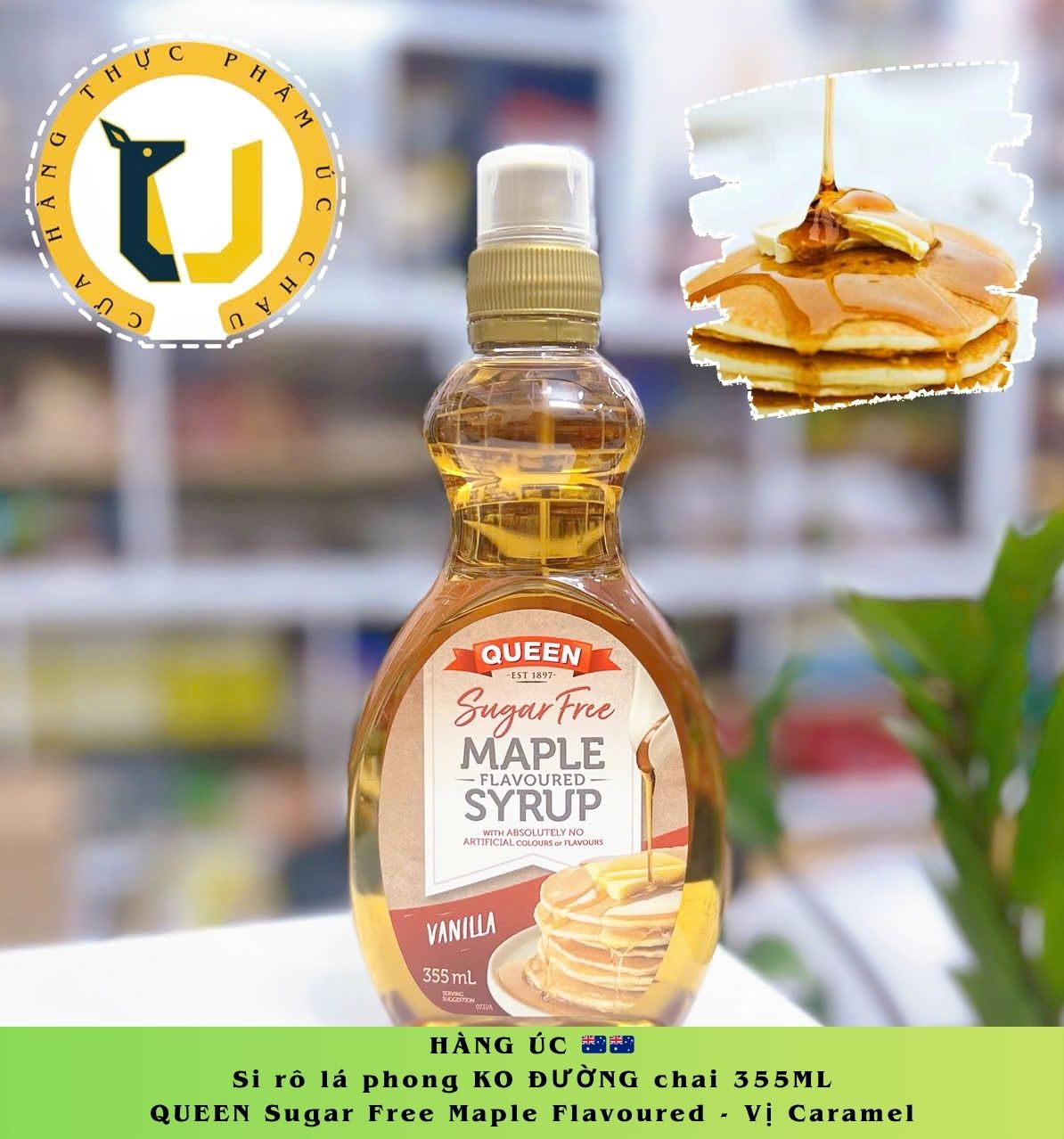 (HÀNG ÚC) Siro lá phong KO ĐƯỜNG QUEEN Sugar Free MAPLE Flavoured Syrup chai 355ML