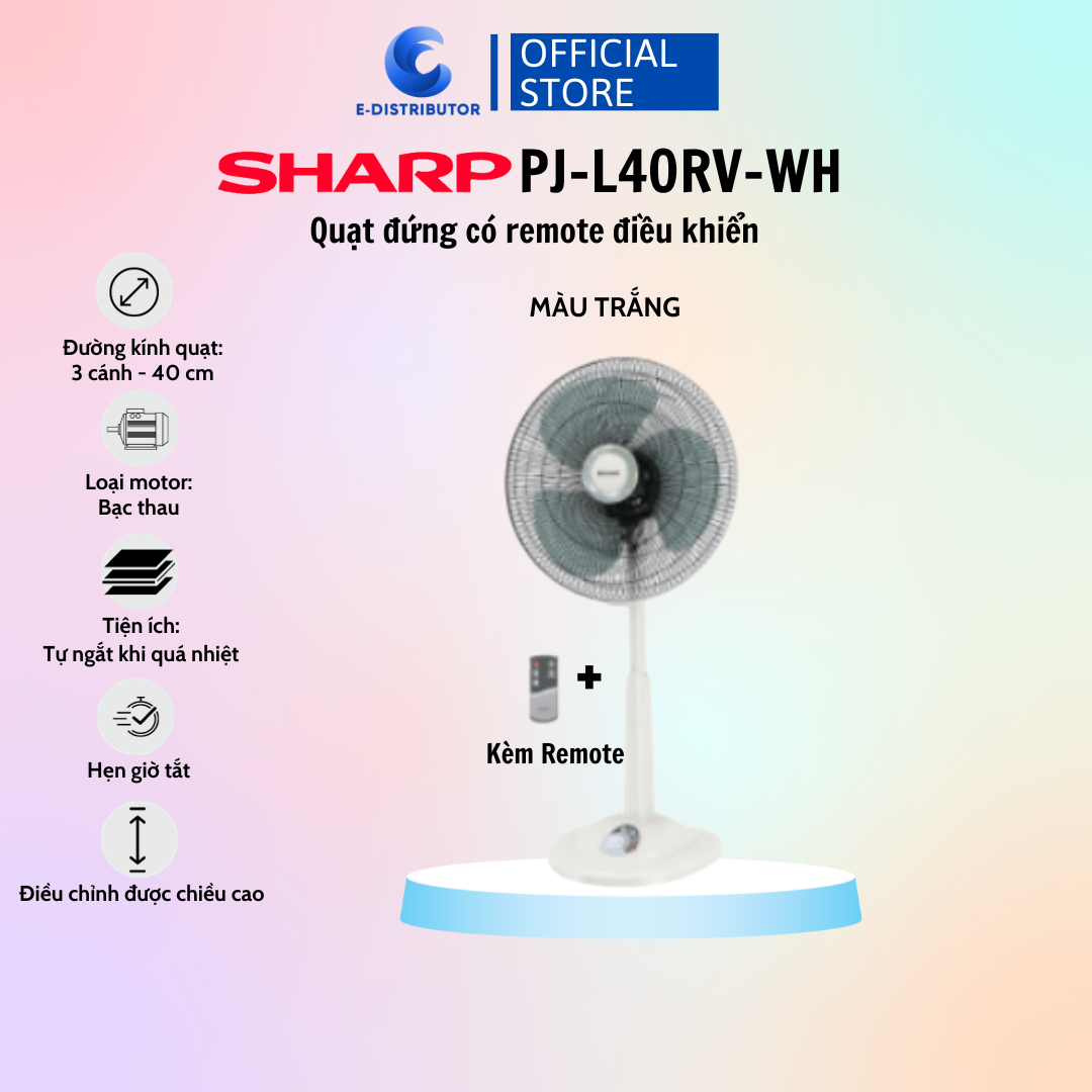 Quạt cây lửng Sharp PJ-L40RV-WH, 3 cánh - Trắng, 50W, Điều khiển từ xa