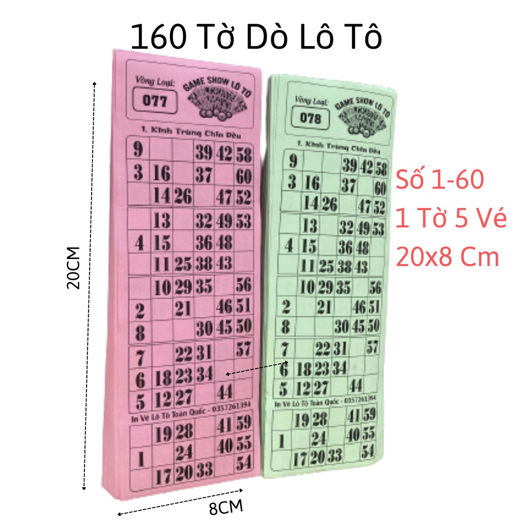 Vé Dò Loto ( Lô tô) 160 Tờ 60 Số( Dùng đươc cho Bộ 75 Số 90 Số)