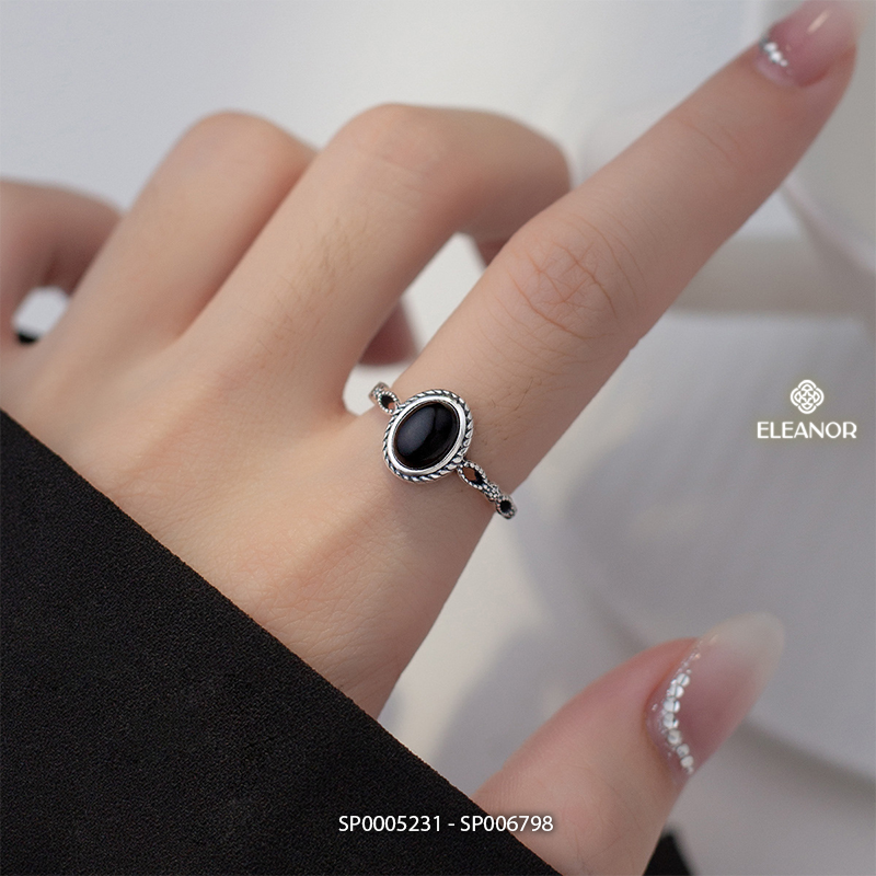 Nhẫn bạc nữ hở Eleanor Accessories đính đá đen phụ kiện trang sức 5231