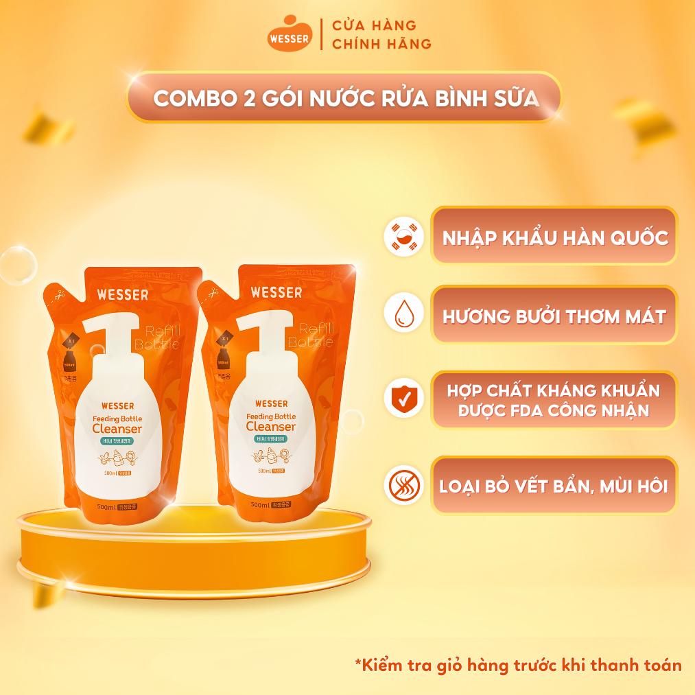 Bộ 2 gói nước rửa bình sữa Wesser 500ml Hương bưởi thơm mát khử sạch mùi hôi trong bình sữa ( Nhập khẩu)