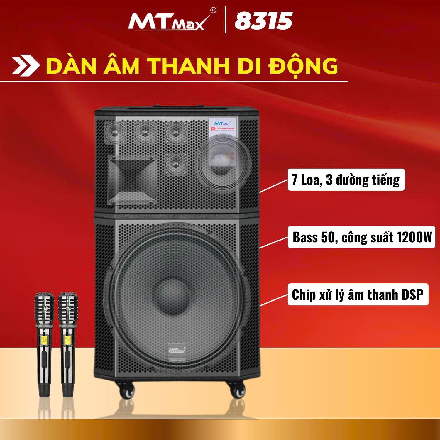 Loa karaoke xách tay nội địa MTMAX 8315 bass 45cm 1 trung 5 treble công suất 600-1500w bluetooth màn