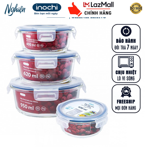 Hộp Thủy Tinh Tròn - Hộp thực phẩm thủy tinh tròn nikko INOCHI bảo quản thực phẩm đồ ăn sử dụng được