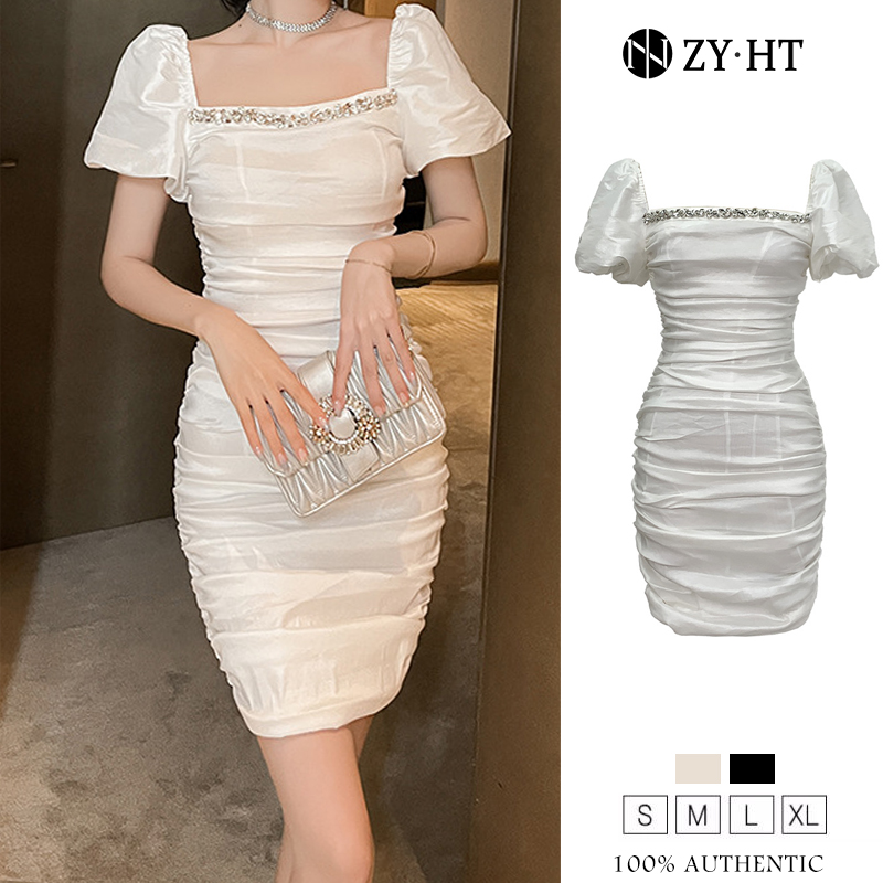 ZYHT eravogue chân váy trắng công chúa màu đen đầm nữ đầm body cổ áo vuông thiết kế xếp li đầm dự ti