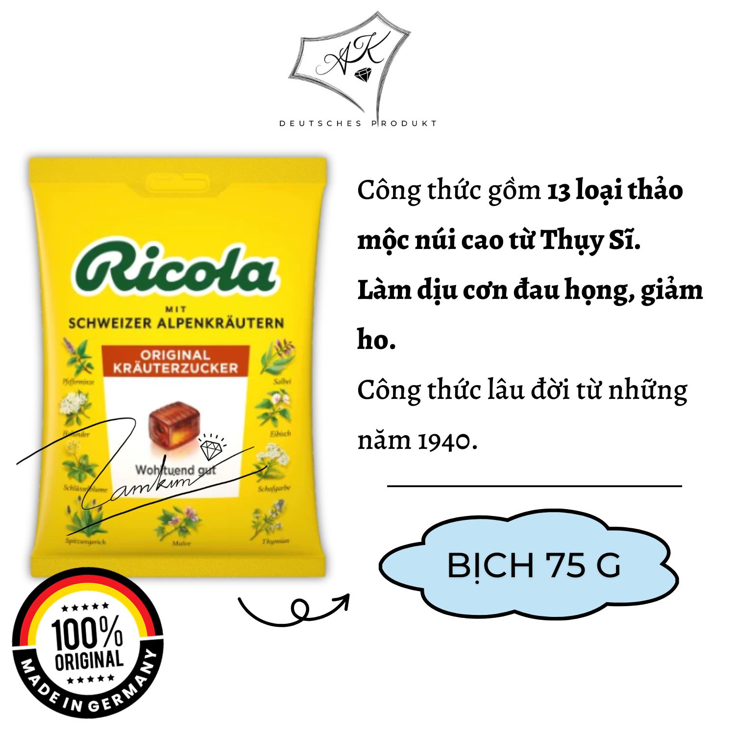 [ Hàng Đức ] Kẹo ngậm ho thảo mộc Ricola gói 75g giảm ho giảm khàn giọng