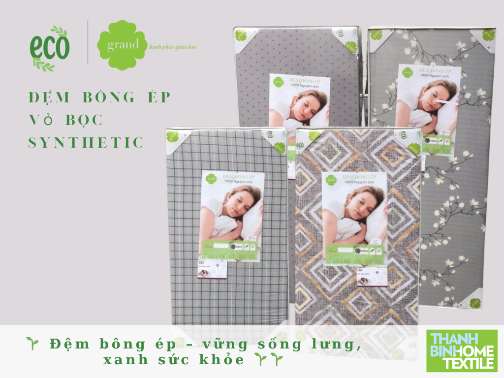 Đệm bông ép Ashita Eco bông nguyên sinh kháng khuẩn vỏ bọc synthetic kích thước 1m6x2m/ 1m8x2m/2mx2