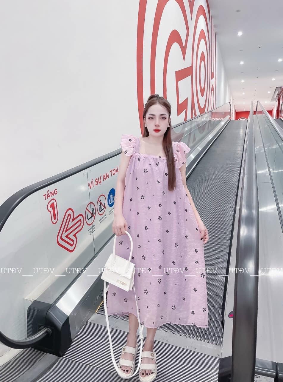 Đầm babydoll hoa nhí ay áo cánh tiên cổ vuông váy maxi xòe đi biển nữ tính điệu đà màu pastel xinh