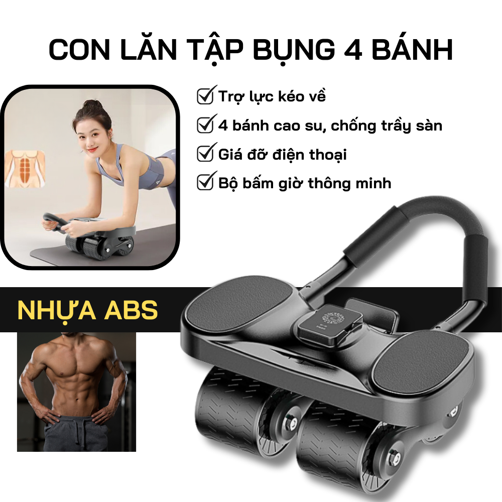 Con lăn tập bụng 4 bánh trợ lực tự động kéo về dụng cụ tập bụng tập ngực con lăn tập bụng thế hệ mới