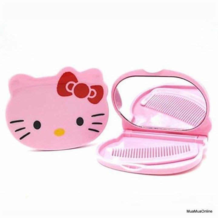 Bộ Gương Soi Và Lượt Mini Hình Mèo Hồng Kitty Dễ Thương