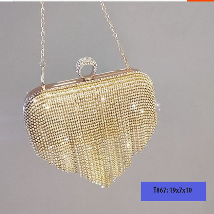 Ví nữ cầm tay dự tiệc đẹp bóp cầm tay nữ dự tiệc cưới đính đá tua rua sang trọng - T867