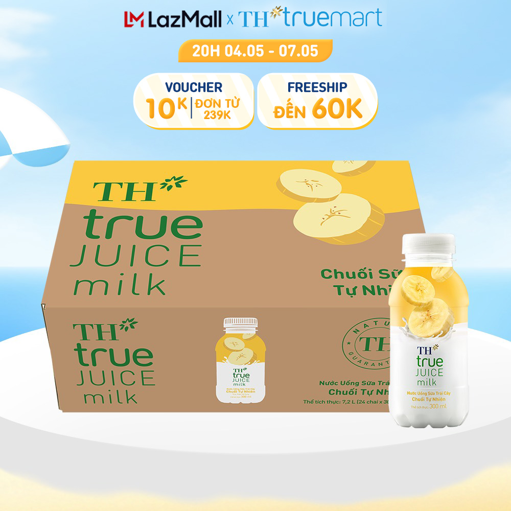 Thùng 24 chai nước uống sữa trái cây TH true JUICE milk vị chuối tự nhiên 300 ml (300 ml x 24)