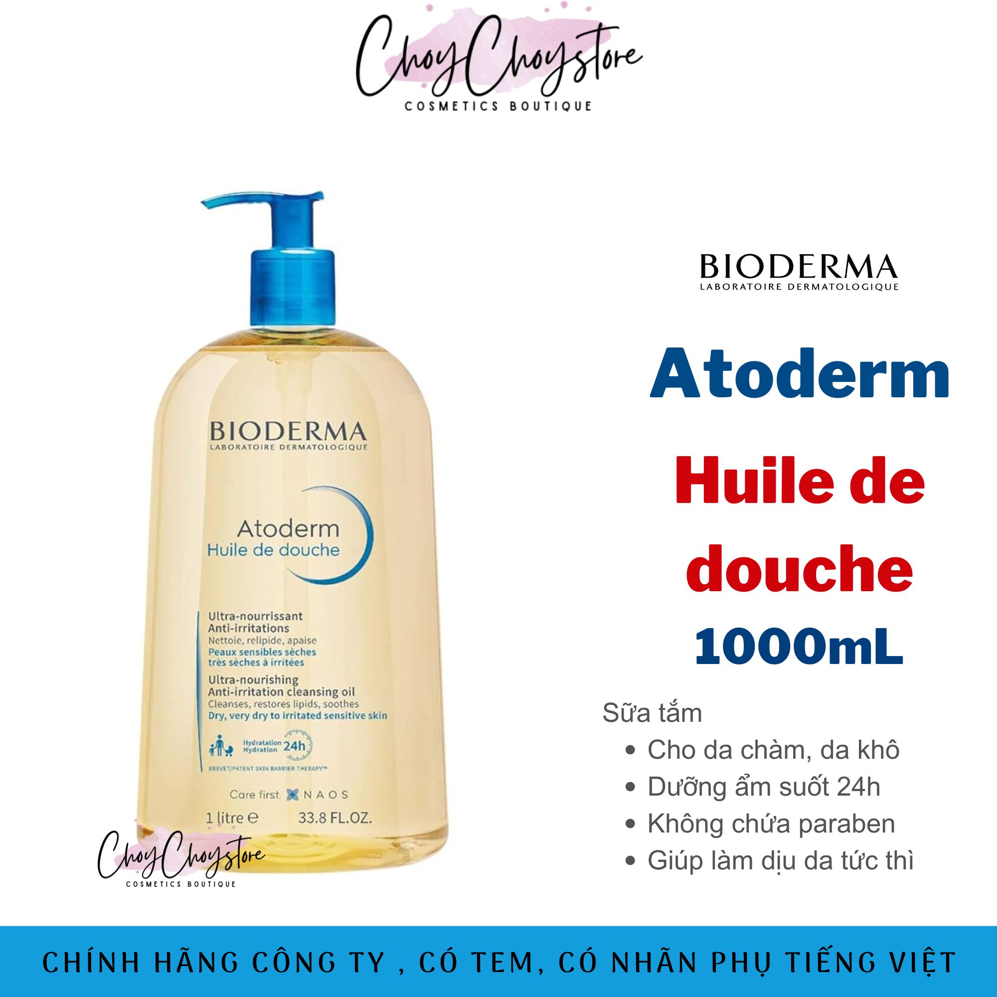 Dầu tắm Bioderma Atoderm Huile De Douche 1000mL Cho Da Chàm Da Nhạy Cảm