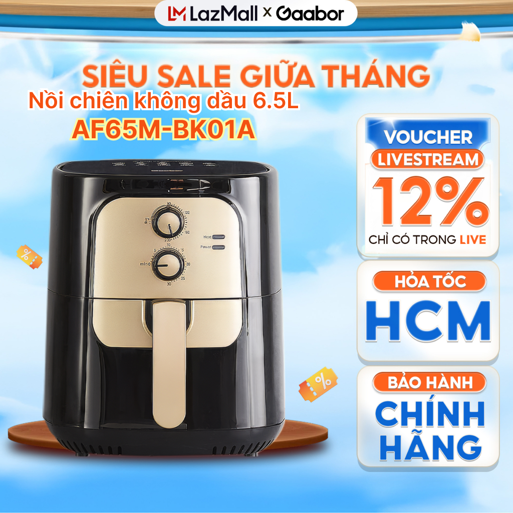 Nồi chiên không dầu Gaabor AF65M-BK01A 6.5L vừa con gà 1.8kg công suất 1400W dùng cho 4-5 người sử d